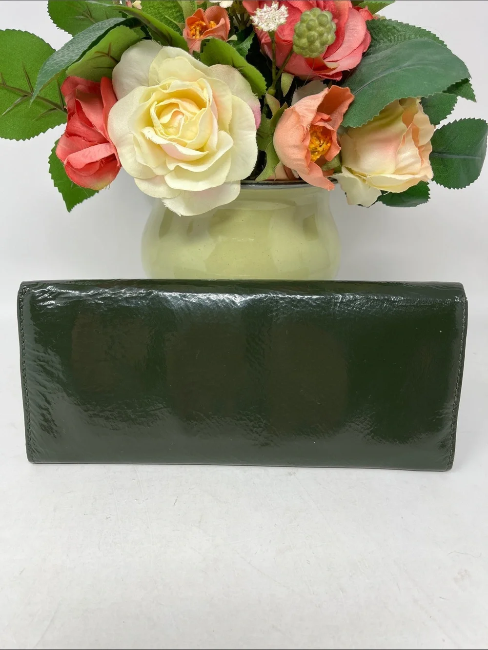 HOBO INTERNATIONAL CLUTCH WALLET ASYMMETRICAL ZIPPER PATENT LEATHER FOREST GREEN